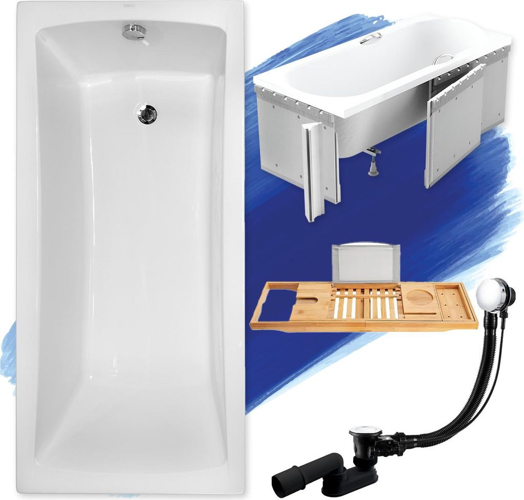 Badewanne Rechteck Set 5in1 150x70 mit Premium Ablaufgarnitur und Füßen GRATIS + Verkleidung (Styropor) + Bambus Holzablage | BADLAND OPTIMAZ