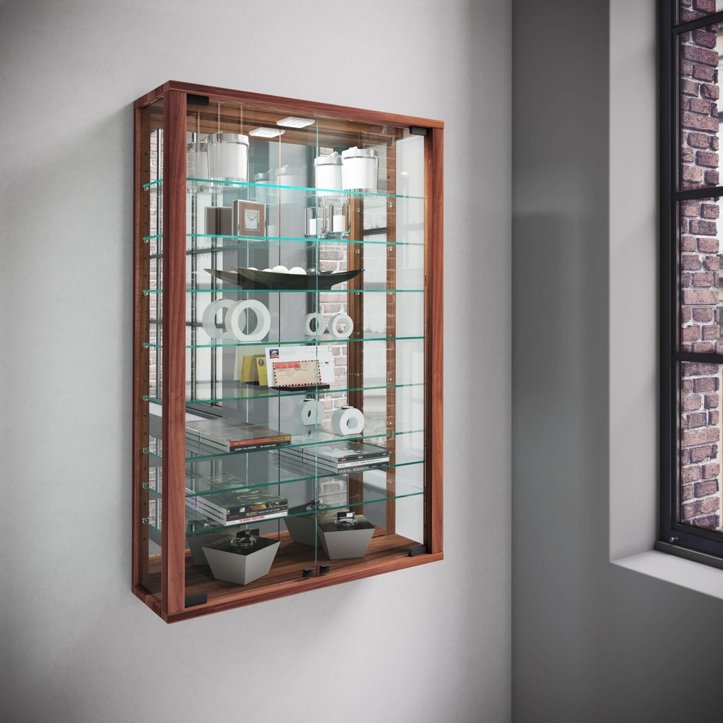 VCM Wandvitrine Hängevitrine Glasvitrine Vitrine Glas Vitrosa Mini Spiegel Kern-Nussbaum