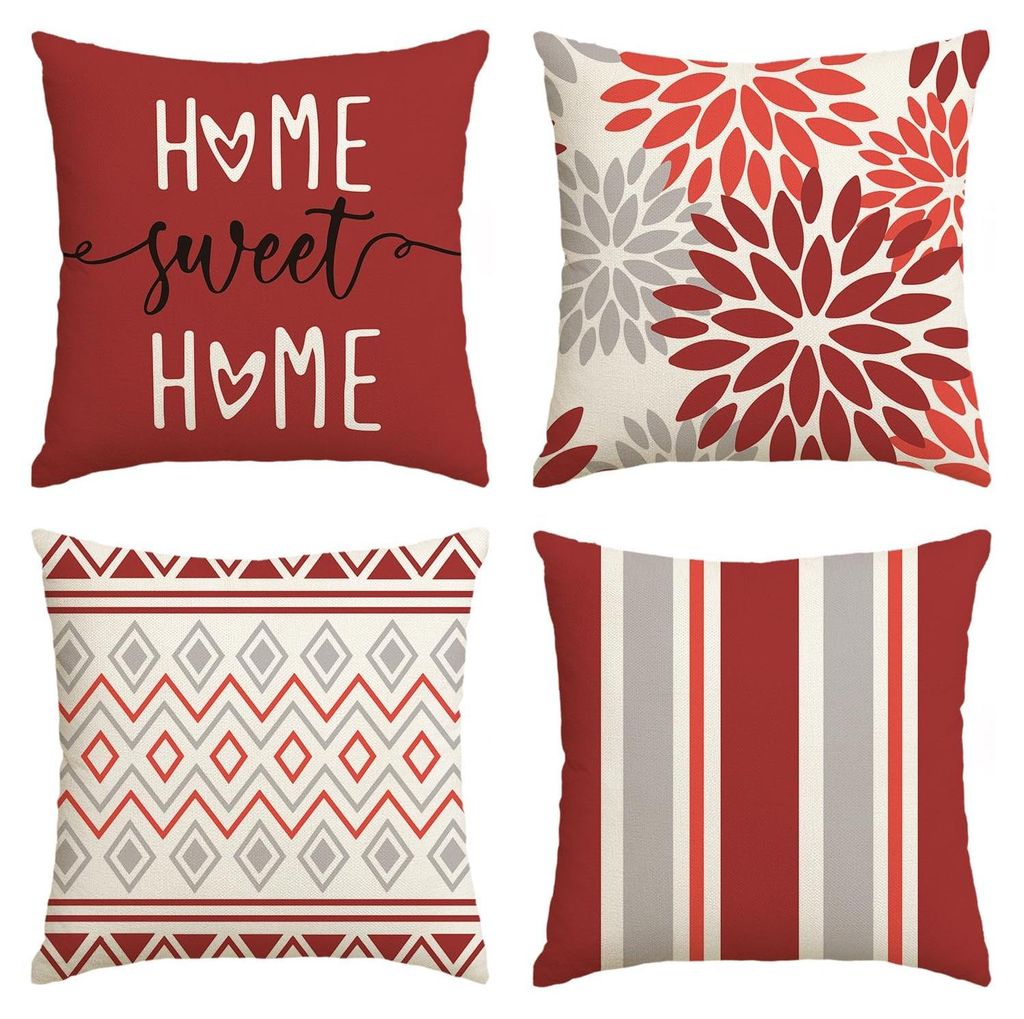 Set mit 4 geometrischen Kissenbezügen mit roten Dahlien, 40x40 cm, Frühling/Sommer, dekorative Kissenbezüge für Sofa/Wohnzimmer.