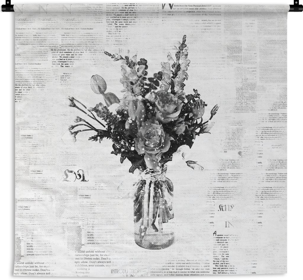 MuchoWow Wandteppich Wandbehang Vase - Blumen - Zeitung - Schwarz - Weiß 150x150 cm Tapisserie Dekoration Wandtuch - Wohnaccessoires - Modernes