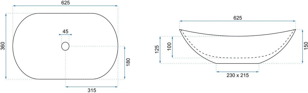 Technical drawings of a sink with dimensions.