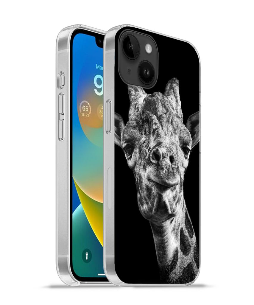 MuchoWow Handyhülle Schutzhülle Hülle für Apple iPhone 14 Plus - Soft case Giraffe vor schwarzem Hintergrund in schwarz und weiß Silikon Sof...