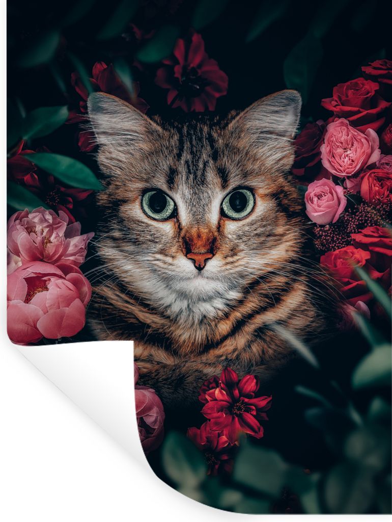 MuchoWow Wandtattoo Wandsticker Wandaufkleber Katze - Blumen - Tiere - Botanisch 30x40 cm Selbstklebend und Repositionierbar - Sticker - Dekorfolie