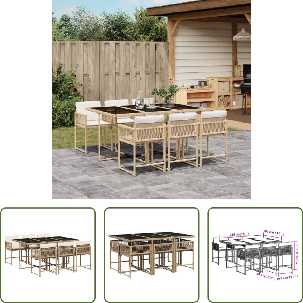The Living Store 7-tlg. Garten-Essgruppe mit Kissen Beige Poly Rattan