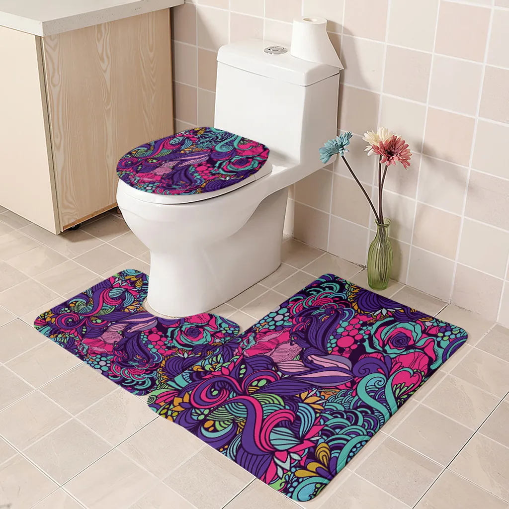 Set Tenda Doccia Con 3 Tappeti Bagno AZHM - 4 Pezzi In Poliestere E Flanella - Impermeabile Con Ganci Inclusi - Decorazione Moderna
