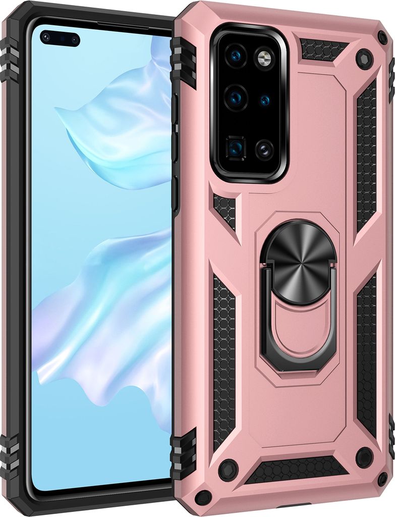 Huawei P40 Hülle, Dual Layer Militäre Fallschutz Schutzhülle mit Ringhalterung Ständer für Huawei P40 Roségold