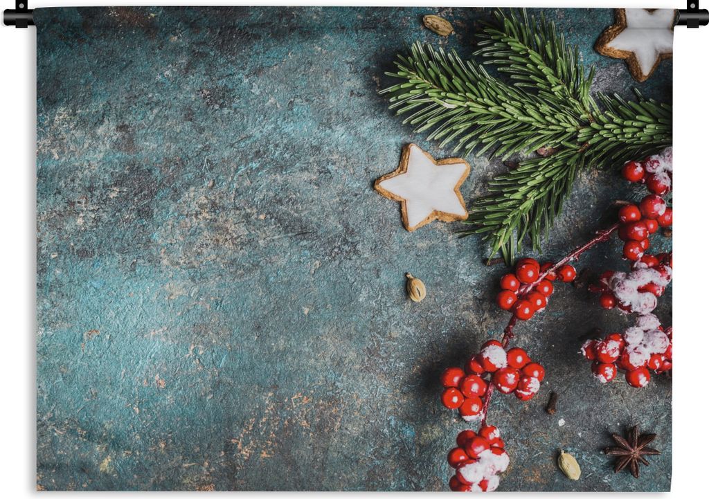 MuchoWow Wandteppich Wandbehang Weihnachten - Rustikal - Zweige - Sternanis - Beeren - Rot 60x45 cm Tapisserie Dekoration Wandtuch - Das Schlafzi...