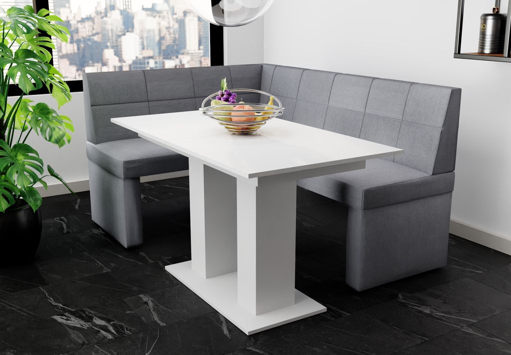 Eckbankgruppe 196x142 cm BLAKE XL R Stoff Soro Grau / Esstisch DANTE Weiß