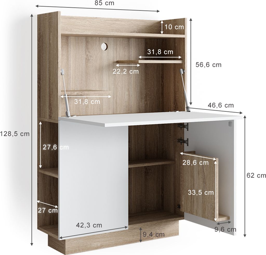 Vicco Biurko sekretarskie Alena, 85 x 27 cm, Sonoma/Biały Zdjęcie produktu 3