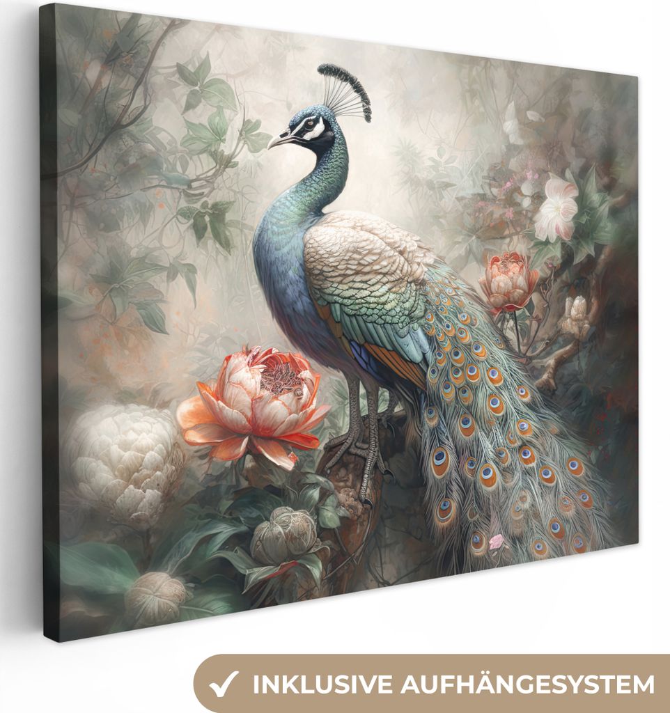 MuchoWow - Leinwandbilder - Pfau - Pfauenfedern - Vogel - Dschungel - Blumen, Wandbild, Wanddeko Bilder Wohnzimmer, 120x90 cm