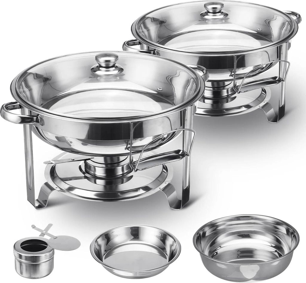 Chafing Dish Buffetwärmer - 2er Set - 4 l, Wasserbad, Brennstoffhalter, Deckel, Metall - Silber