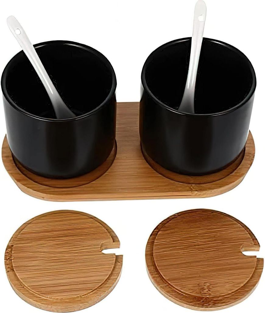 Moderne Zuckerdose und Kräutertöpfe - Keramik mit Bambusdeckel - 3 Stück - Schwarz