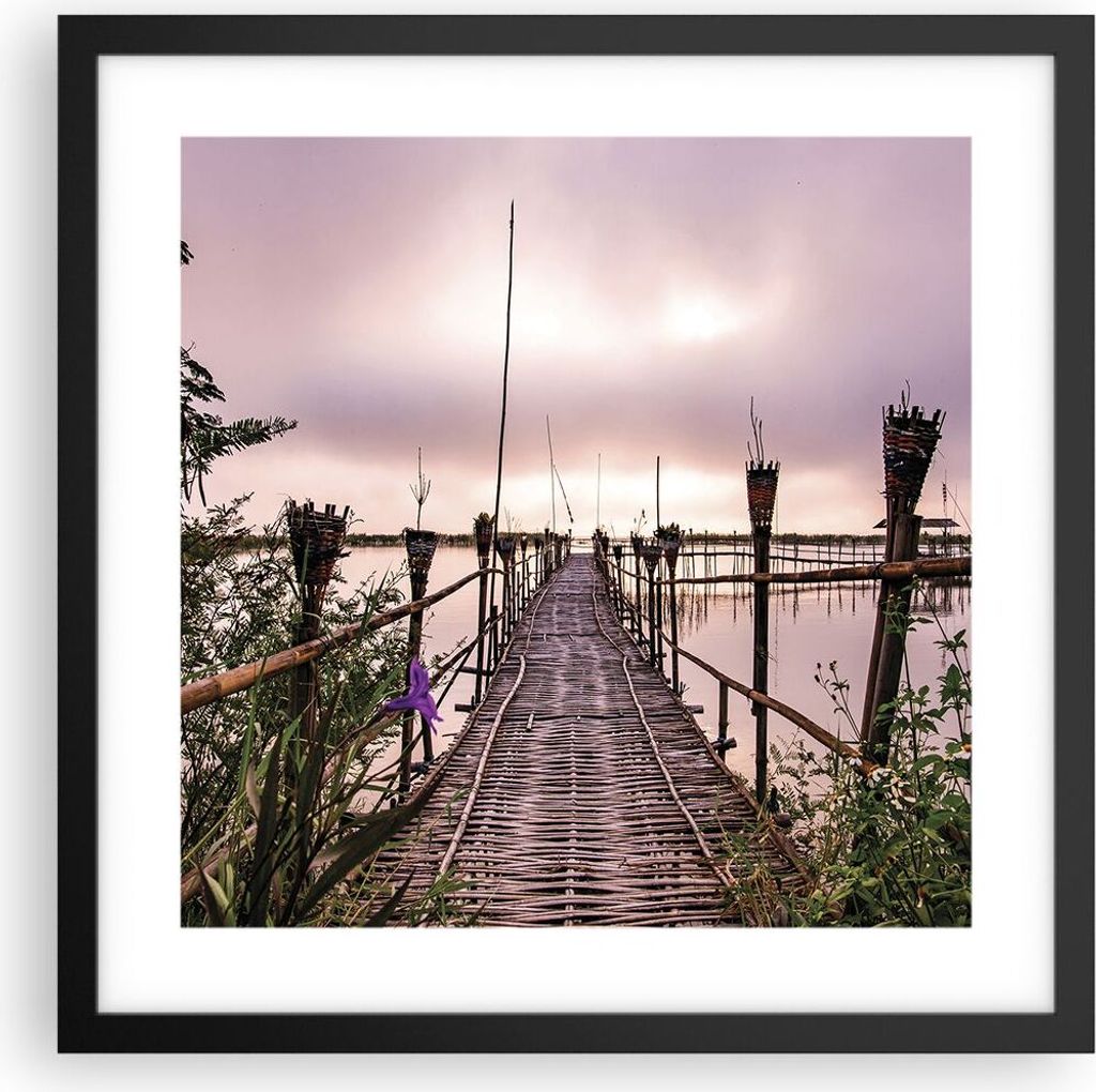Gerahmtes Poster - Schwarzer Rahmen - Brücke See Fackel - 40x40 cm - Wand Bild - Wanddeko - Wandbilder - Kunstposter - Wandposter - Bilderrahmen -...