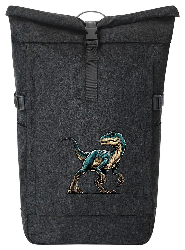 Huuraa Kurierrucksack Velociraptor Dinosaurier 30-44 Liter Black Melange Fairtrade Rolltop Rucksack Geschenkidee