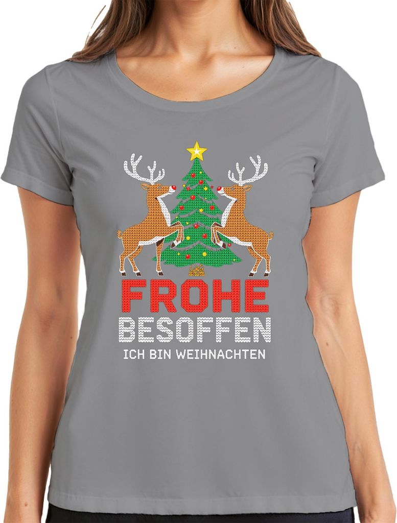 Frohe Besoffen Ich bin Weihnachten Lustig Rentier Strickoptik Damen T-Shirt, Grau, L