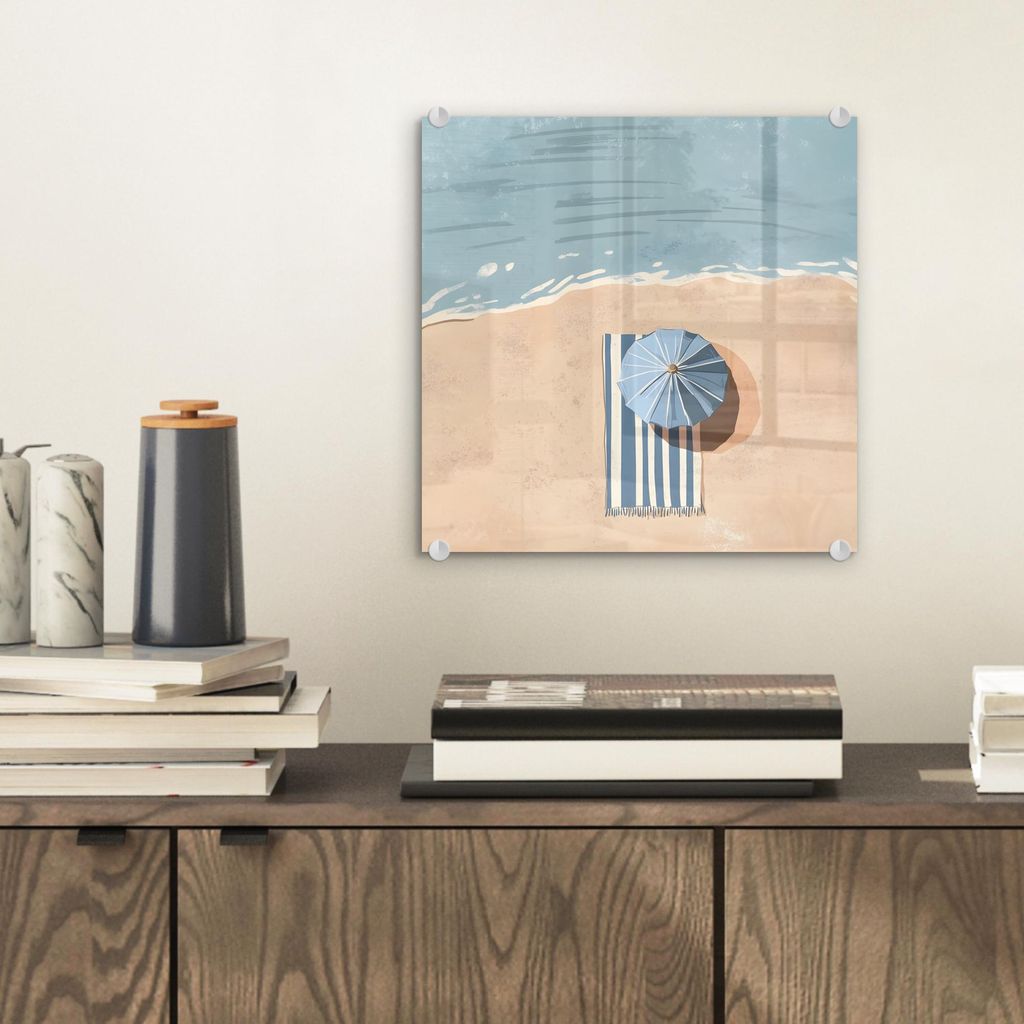 MuchoWow Glasbilder - Bilder auf Wandbild - Foto auf Glas Strandtuch - Streifen - Sonnenschirm - Strand 40x40 cm Wanddekoration aus Glas - Acrylgla...
