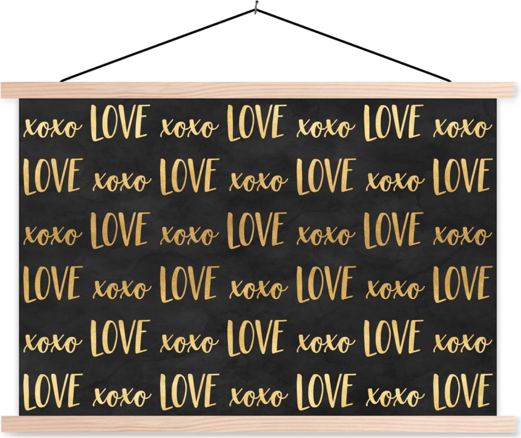 MuchoWow Textilposter Muster - Liebe - Gold - Schwarz 120x80 cm mit holzfarbenen Rahmen - Aufhängeset