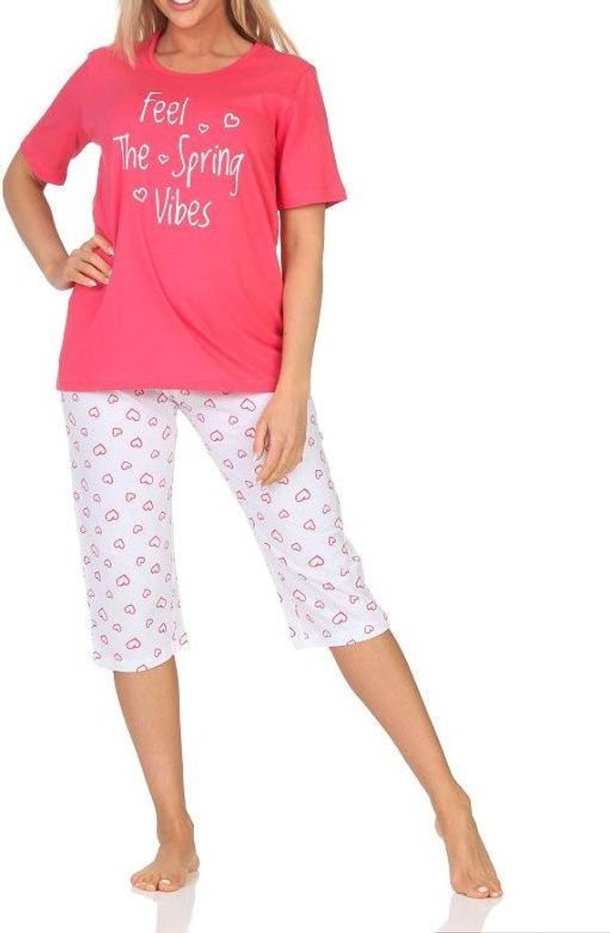Normann Damen Schlafanzug kurzarm Shorty mit Pyjama Capri-Hose in Herz Optik ; pink , 36
