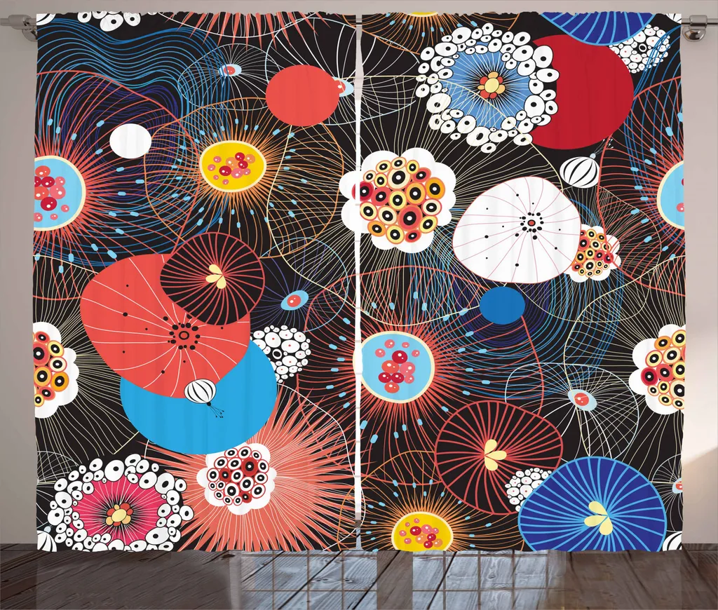 ABAKUHAUS Tenda rustica artistica, motivi floreali psichedelici, tenda con passanti e ganci per camera da letto, 280 x 245 cm, multicolore