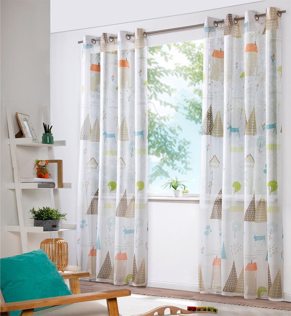 heimtexland Vorhang Kindergardine Skandi Leinen Optik Natur Bunt Deko Gardine Kinderzimmer Transparent Typ755 Ösenschal HxB 225x135 cm