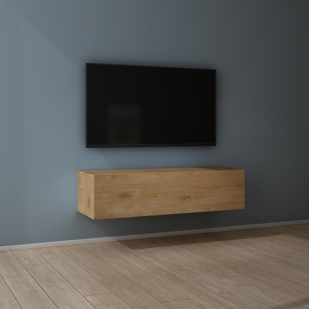A wall-mounted TV cabinet and television in a room with wooden flooring.