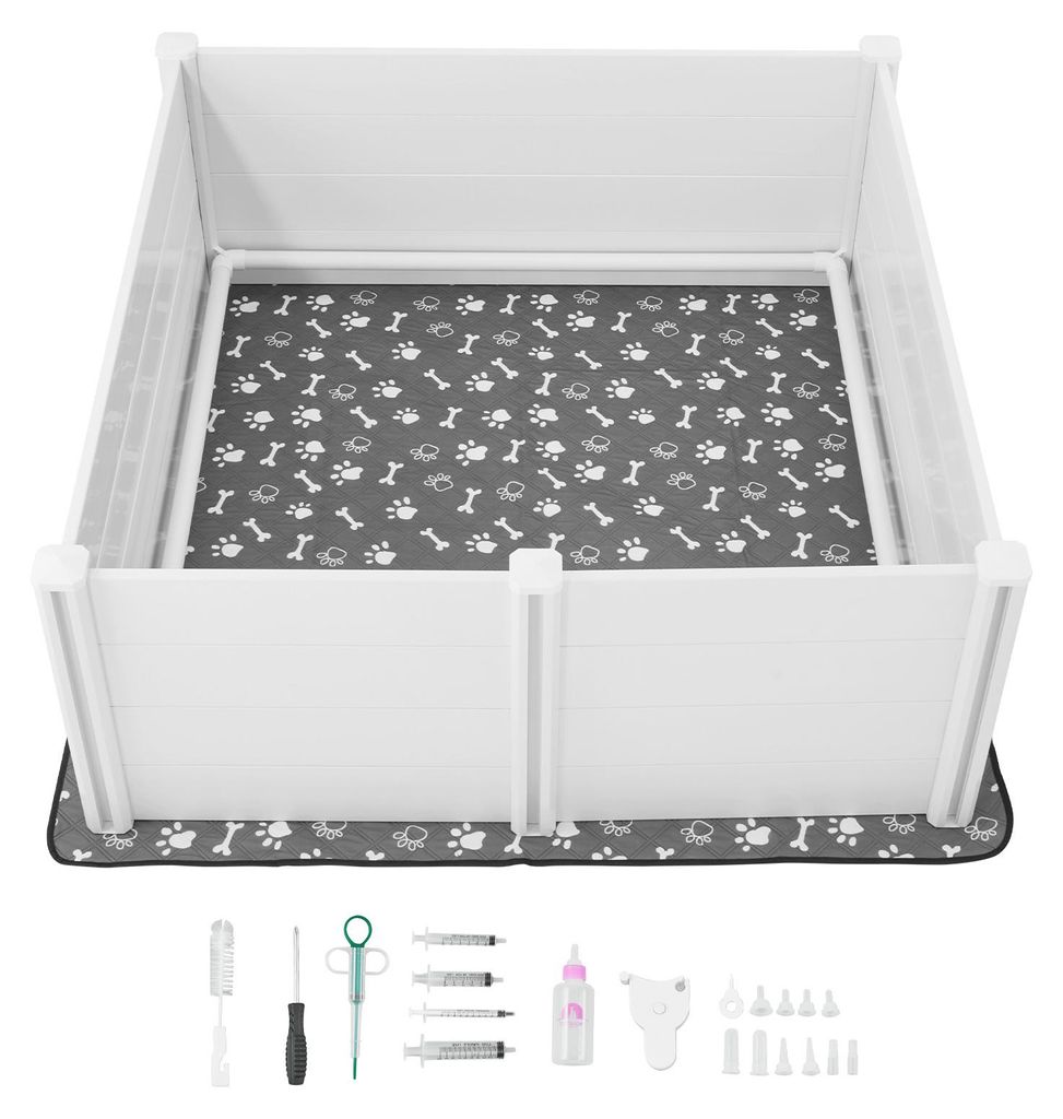 SucceBuy Wurfkiste für Hunde, 1520x1520x610 mm, Welpenlaufstall aus robustem Kunststoff-PVC mit verstellbarer Tür & abwaschbarer Unterlage, geeig...