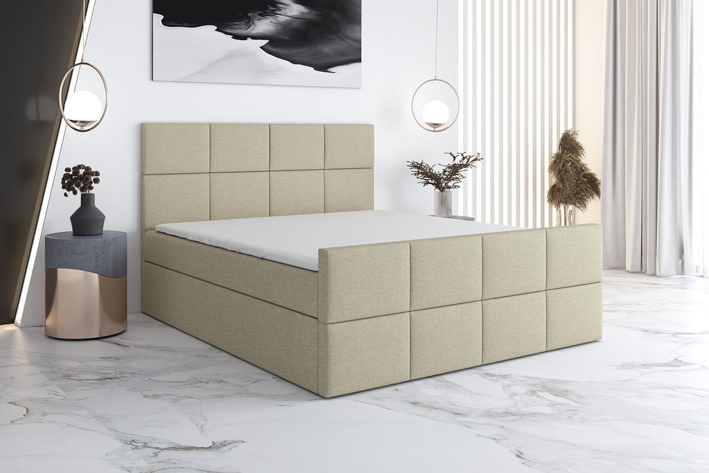 Boxspringbett TOKI 200x200 mit 2 Bettkästen, Bonell-Matratze und Topper. Farbe: Beige