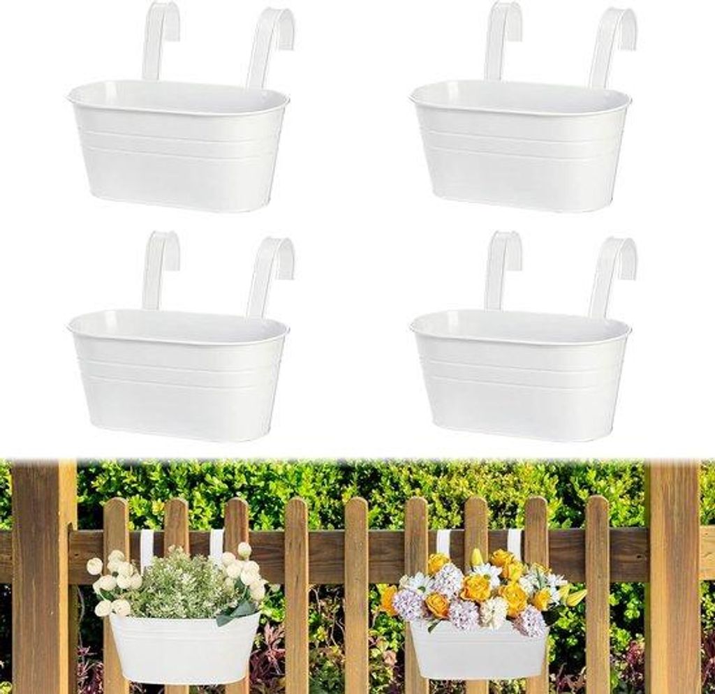 Hängeblumenkasten, 4 Stück, groß, für Pflanzen, 28 cm, hängbare Blumenkästen mit Abwasserloch, für Balkon und Terrasse, weiße Außenbeschic...