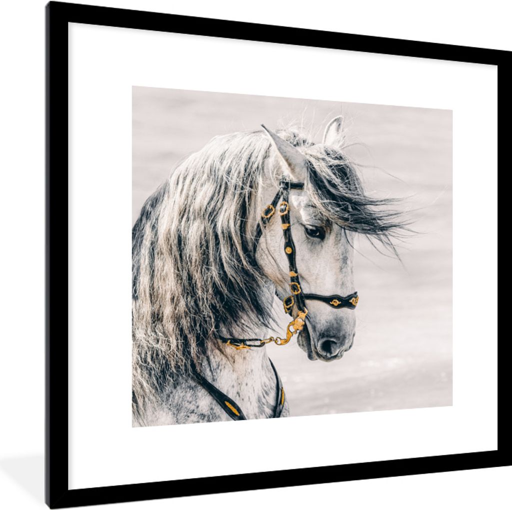 MuchoWow MuchoWow Gerahmtes Poster Pferd - Weiß - Gold 40x40 cm - Poster mit zchwarzem Bilderrahmen - Poster - Plakat im Rahmen
