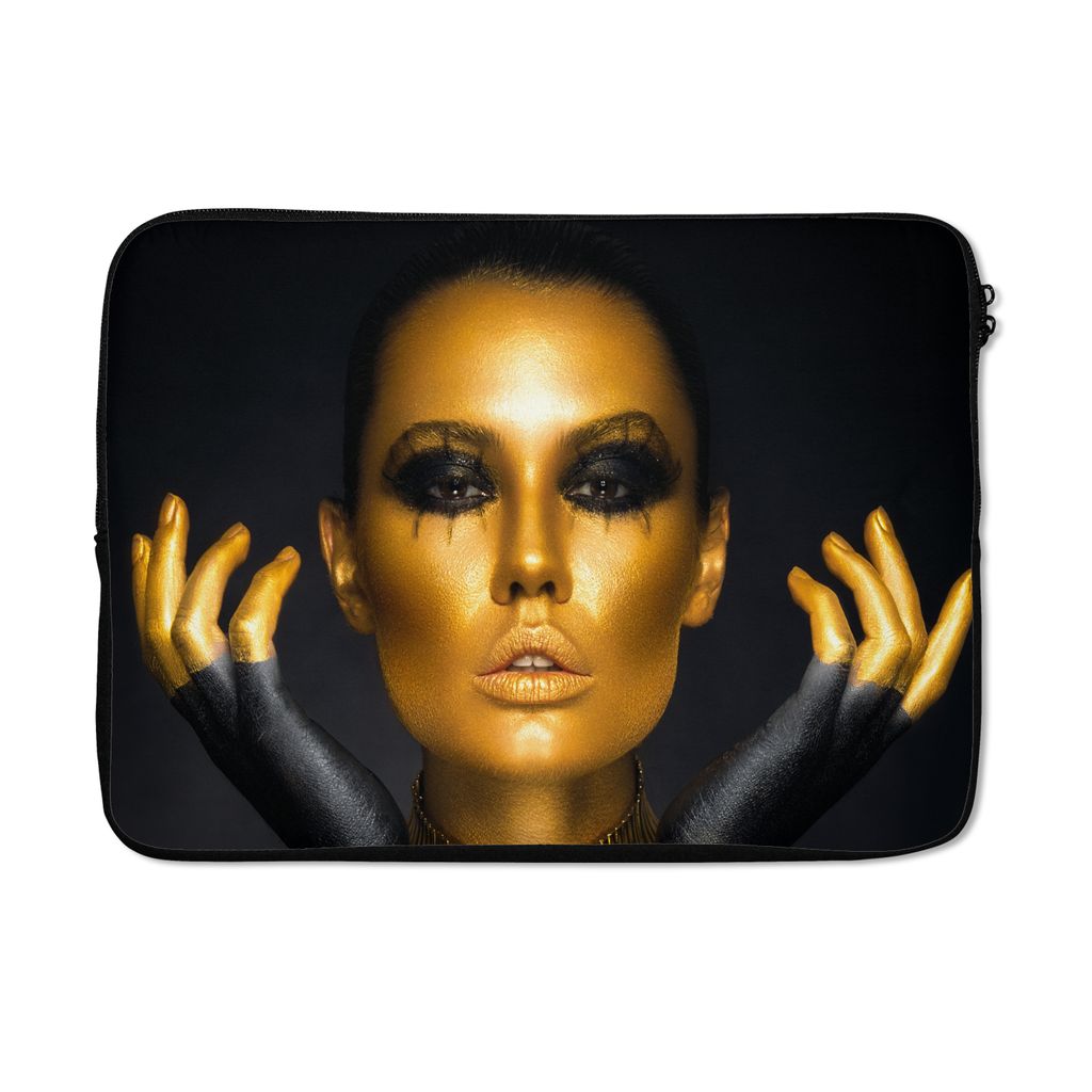 MuchoWow Laptop Hülle 14 ZollFrau - Porträt - Gold - Luxus - Schwarz Laptoptasche - Laptoptasche - Stoßsicher - Schutzhaube