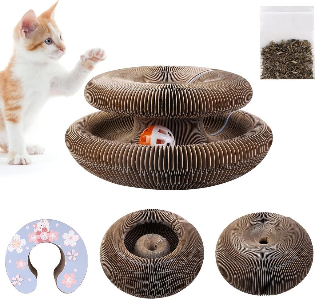 Katzenspielzeug: magische faltbare Kratzplatte aus Wellpappe mit Glöckchen und Katzenminze
