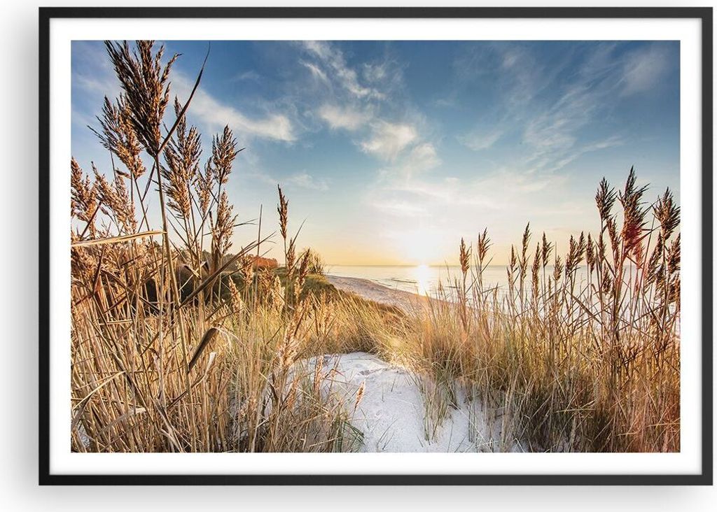 Gerahmtes Poster - Schwarzer Rahmen - Ähren Küste Sonne - 100x70 cm - Wand Bild - Wanddeko - Wandbilder - Kunstposter - Wandposter - Bilderrahmen...