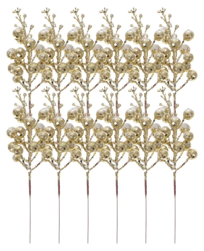 Künstliche Beerenzweige 12 Stück in Gold mit Glitzer für Kranz, Vase und festliche Tischdekoration