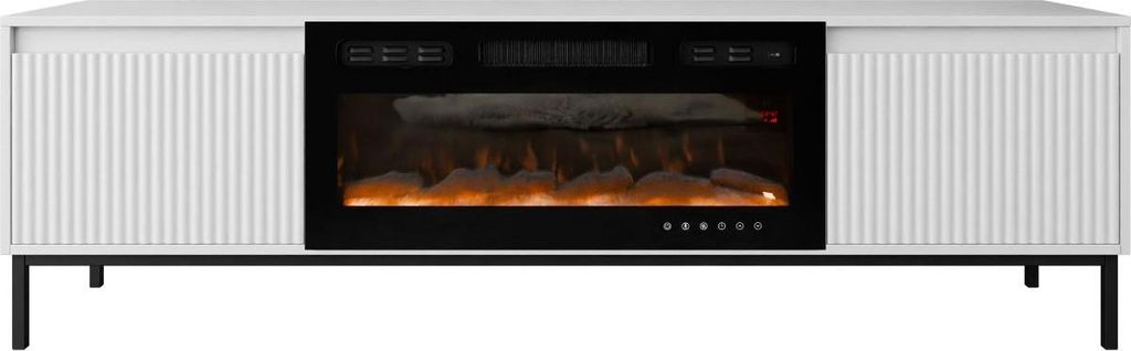 MIRJAN24 TV-Lowboard Ozmi 2K EF mit Kamin, TV-Schrank mit zwei Kleppen, Realistische LED-Flamme, push to open, Wohnzimmer Kollektion (Farbe: Weiß)