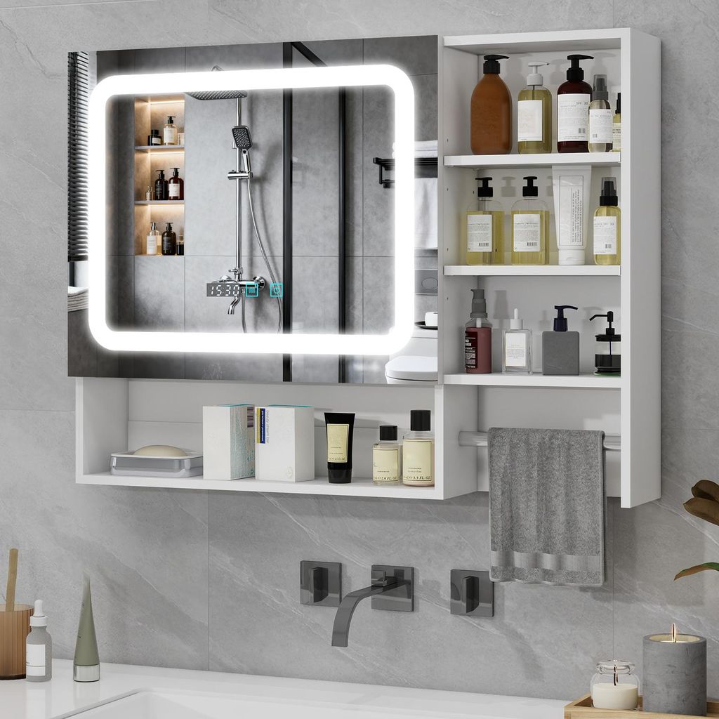 Puluomis Spiegelschrank Bad 80cm mit 3 färbiger dimmbarer Beleuchtung, Digitaler Uhr, Handtuchhalter, Antibeschlag Badezimmerschrank Wandschrank w...
