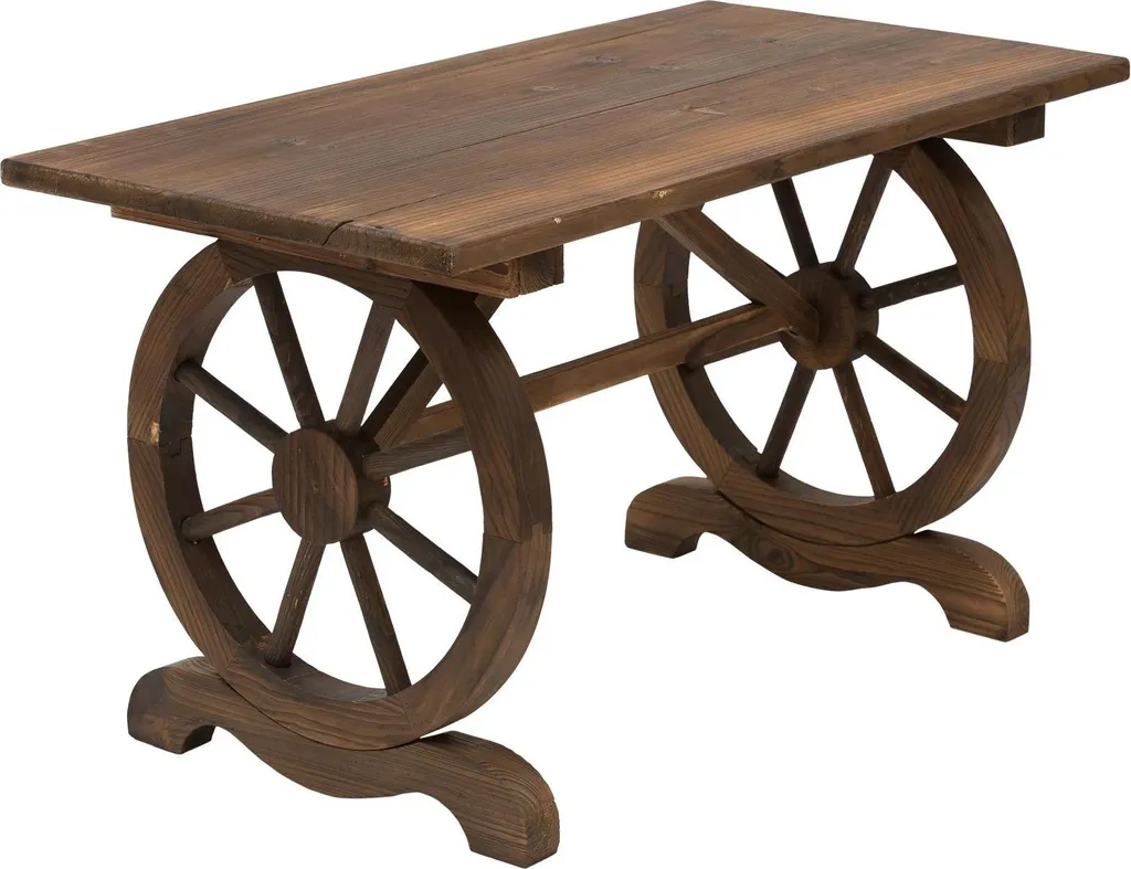 Table de jardin en bois originale pieds roues jaune pour jardin unique