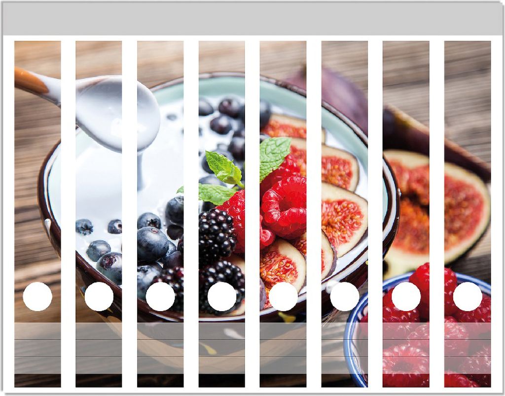 Wallario Ordnerrücken Sticker, selbstklebend für schmale Ordner, 8 Stück, Motiv Joghurt mit frischen Früchten