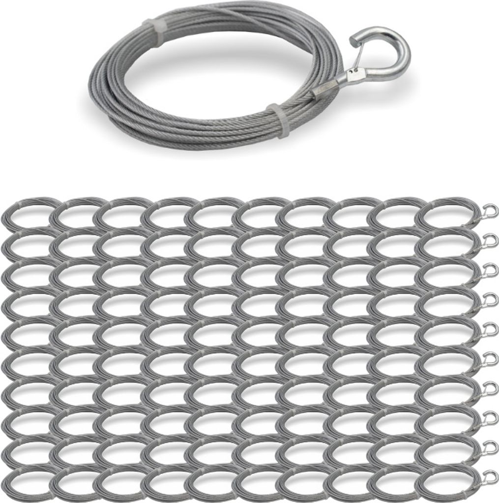 100x Drahtseil Ø 1,5 mm, 7x7, mit Haken mit Sicherheitsdrahtbügel , Stahl verzinkt | Länge 3000 mm