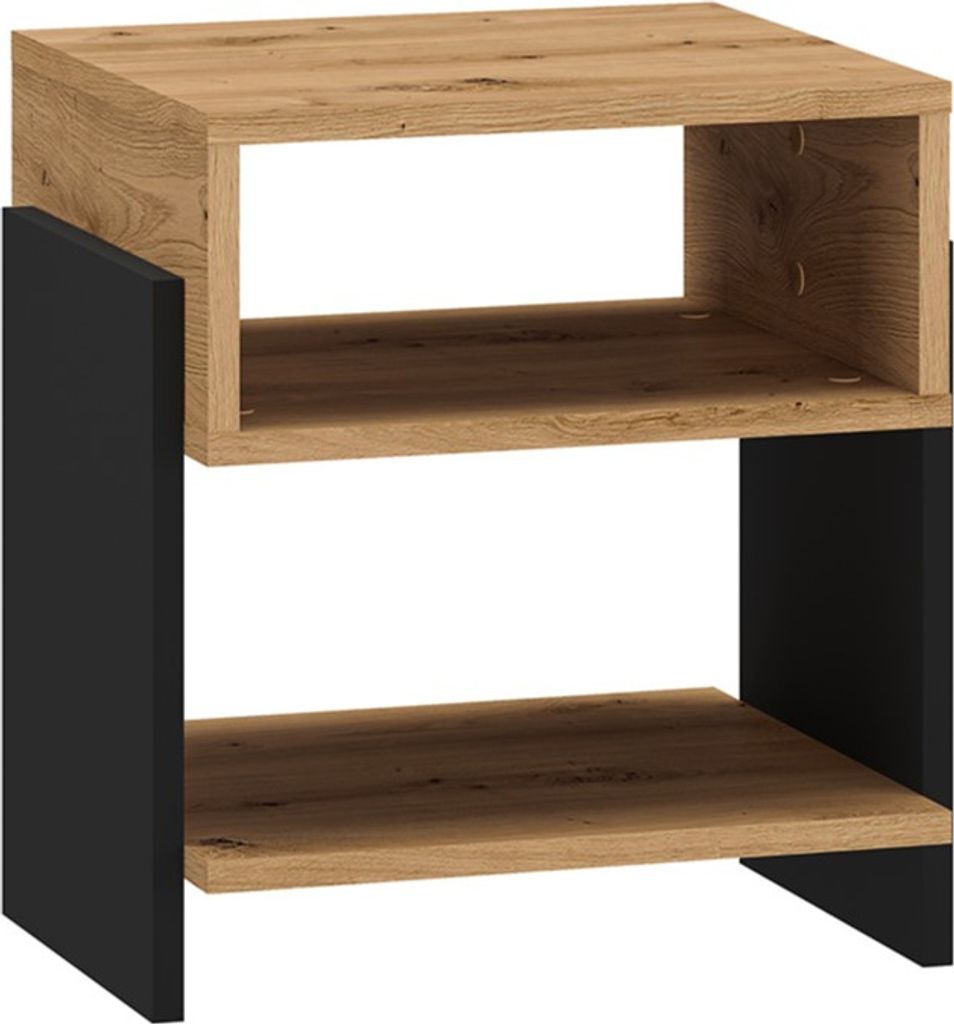 A product shot of a modern nightstand with two shelves.