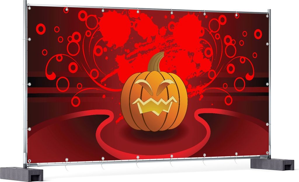 Wallario XXL Outdoor-Poster für Garten oder Balkon, Motiv Geschnitzter Halloween-Kürbis im Comic Stil, in ca. 340 x 173 cm