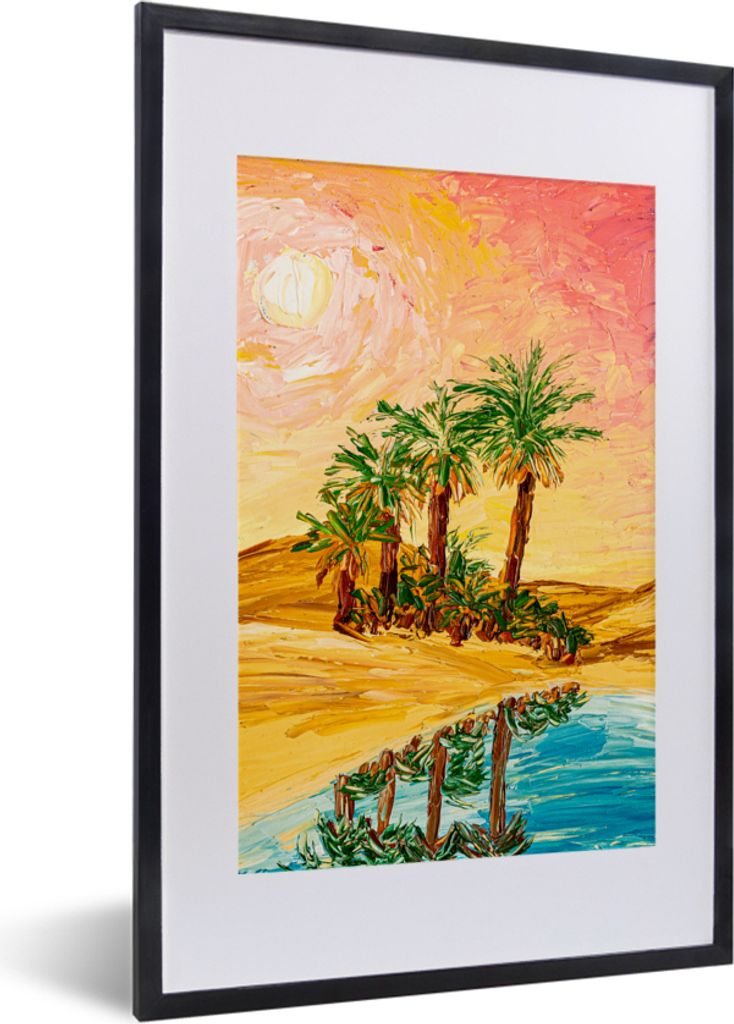 MuchoWow Gerahmtes Poster Gemälde - Öl - Palme - Natur - Wasser 40x60 cm - Poster mit Schwarzem Bilderrahmen Wandposter Rahmen Foto Bilder - Po...