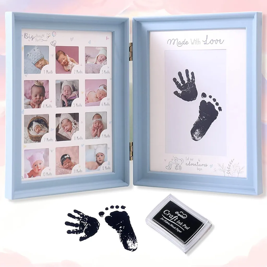 Album Primi Ricordi Neonato con Kit Impronte e Cornice Blu Pieghevole