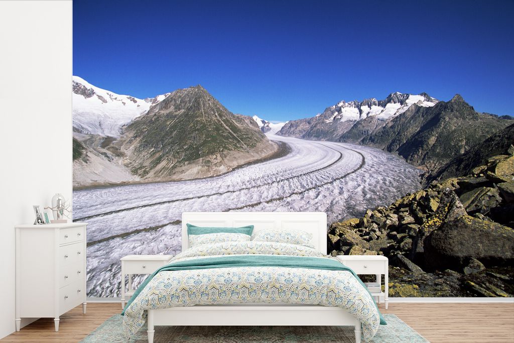 MuchoWow Fototapete für Wohnzimmer oder Schlafzimmer Wandtapete Vinyl Motivtapete Der Aletschgletscher im Schweizer Kanton Wallis bei klarem Him...