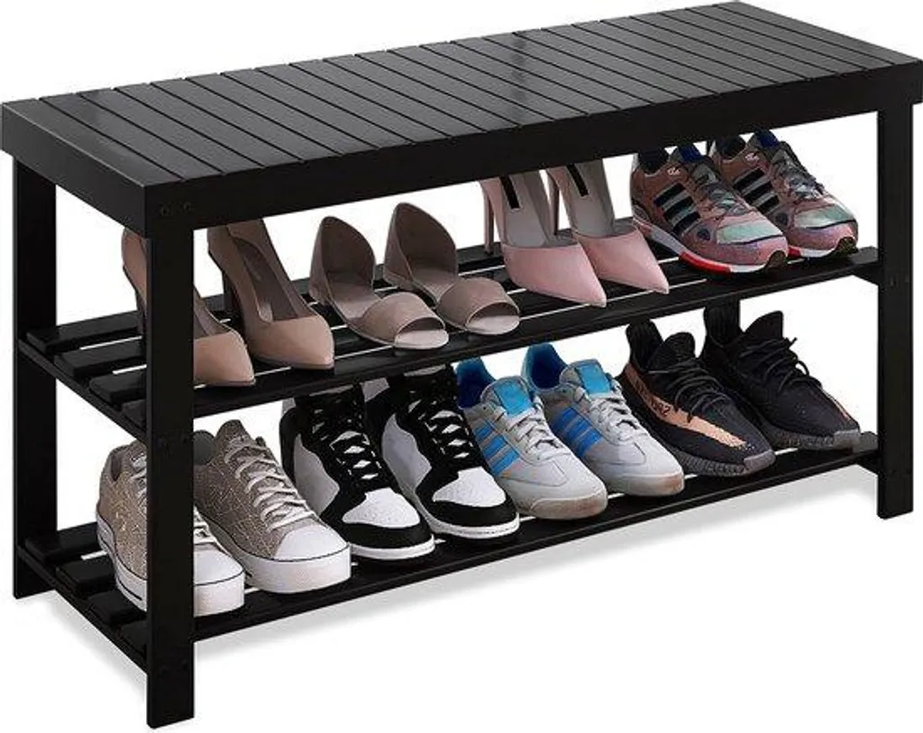 Banc à chaussures en bambou noir à 3 niveaux robuste, modèle B3-N