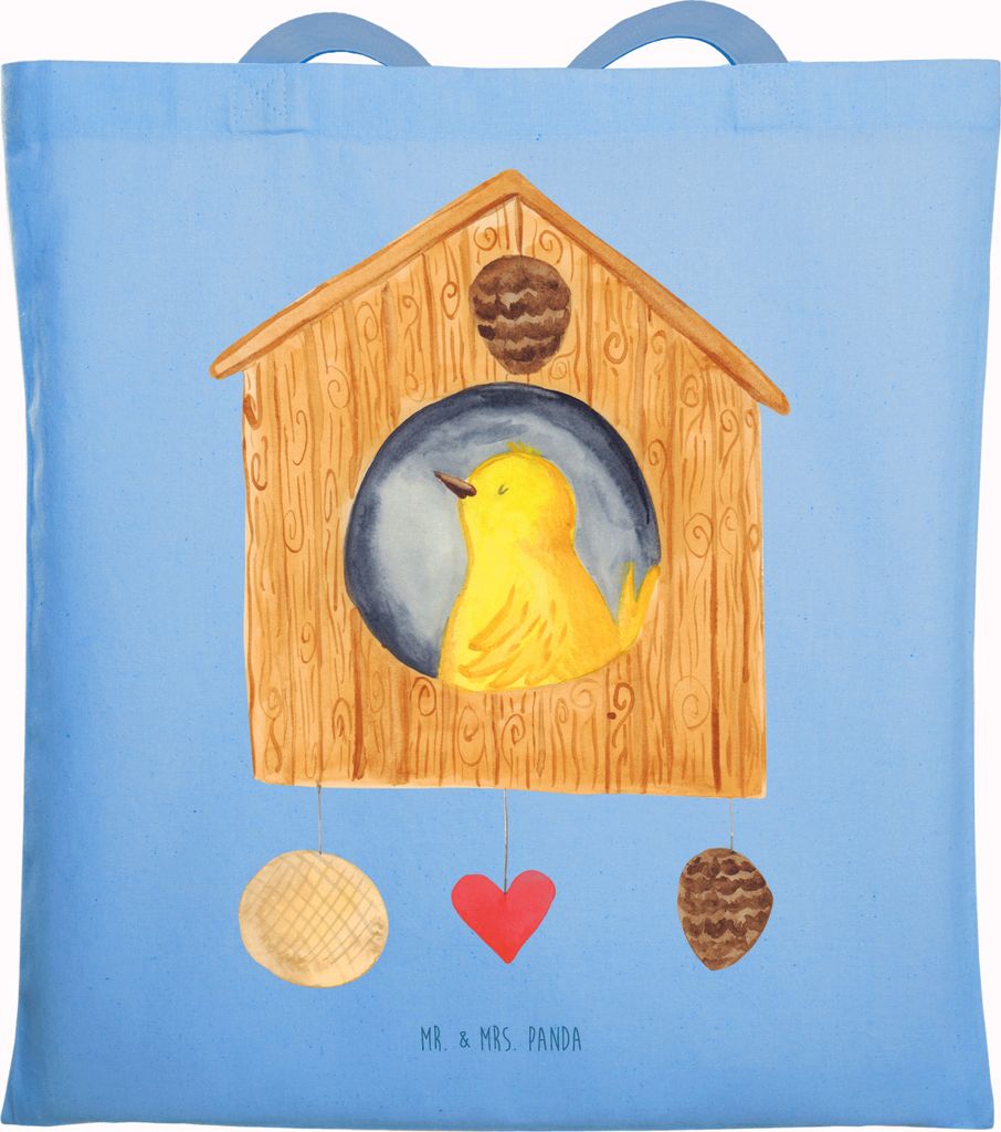 Mr. & Mrs. Panda Jutebeutel Vogelhaus Home - Sky Blue - Geschenk, Schultasche, Tasche, Haus, Beutel, Vogel, Umzug, Sweet, totebag, Tote Bag, Lustig...