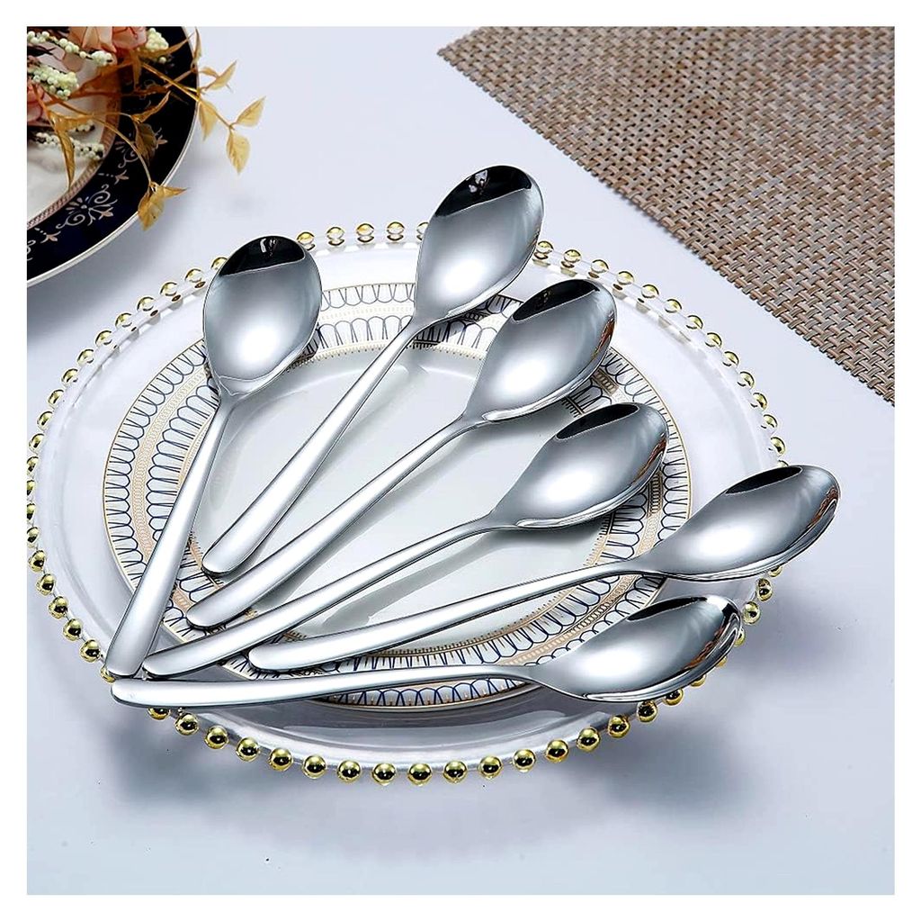 Menülöffel Set, 6 Stück, 8,1 Zoll Edelstahl, Suppen- und Dessertlöffel, Besteck für Zuhause, Küche oder Restaurant, spülmaschinenfest (Silber)