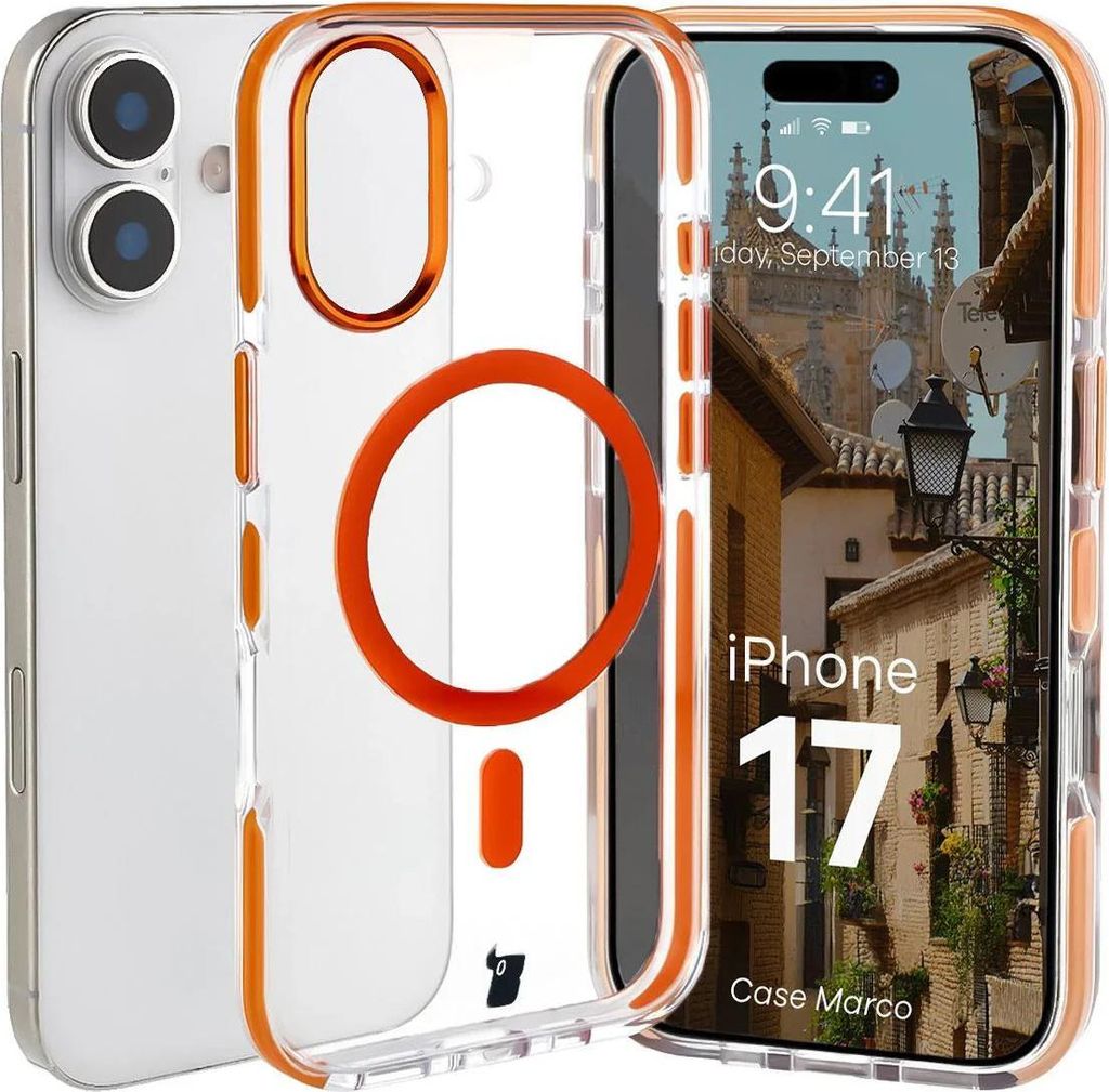 Handyhülle mit Magnetring für iPhone 17, Bizon Case Marco, Transparent mit orangem Rahmen