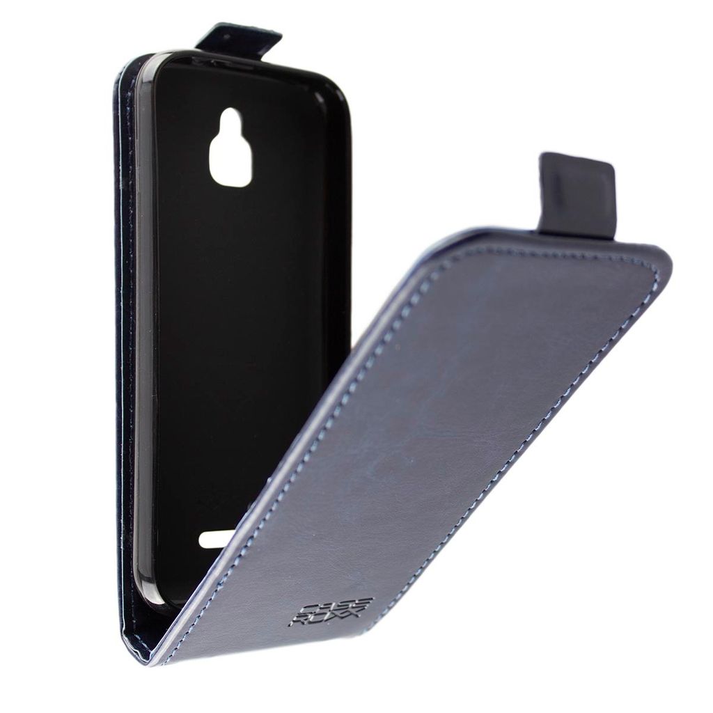 A dark blue flip cover case for a smartphone is shown open against a white background.