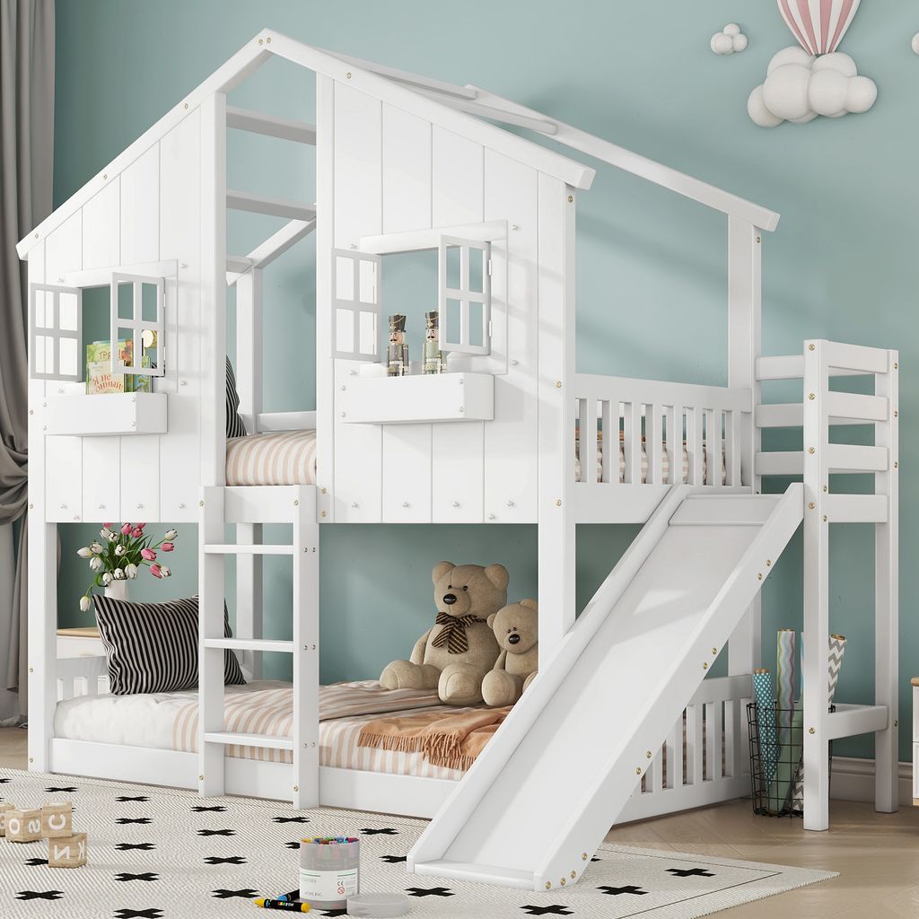 MODFU Etagenbett Kinderbett 90x200cm Mit Kinderrutsche, Mit Dach und Fenster, mit Fallschutzgitter, mit dreistufiger Leiter, Hochbett mit Rausfalls...