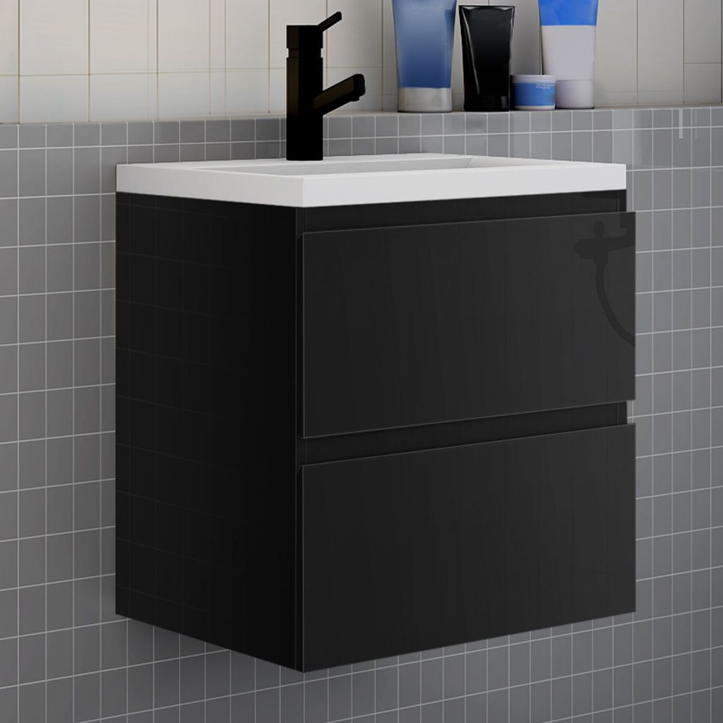 Badmöbel Set HUTI-Serie 60cm Dickes Keramik Waschbecken mit Unterschrank Badezimmermöbel mit 2 Schubladen Hochglanz Schwarz Hängeschrank
